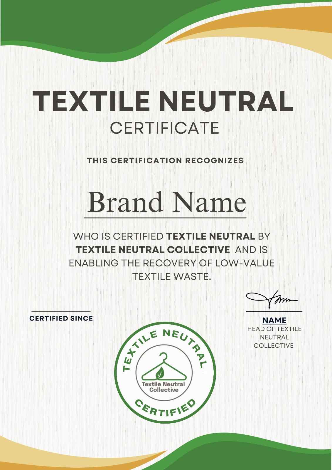 Official Textile Neutral Certificate in wooden frame for office and retail display